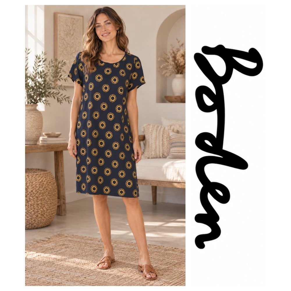 Boden Navy Blue Gold Medallion Print 100% Cotton Short Sleeves T-Shirt Dress 14